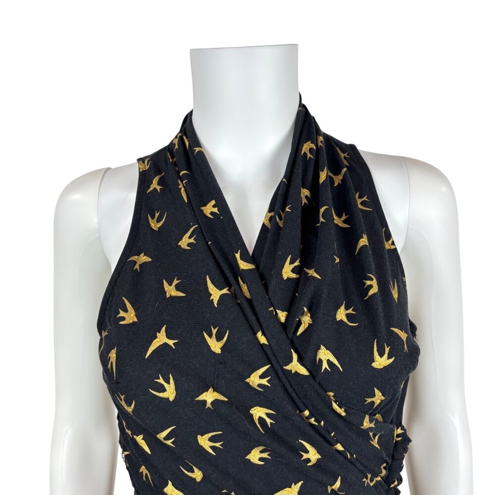 Dollz & Dames Halter Dress Small Gold Sparrow Bird Print Black Pin Up Sundress - Picture 6 of 15